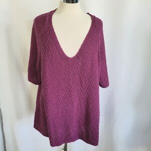 J JILL 3X Raspberry Textured S/S Sweater EUC Deep V Neck